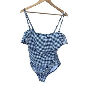 Kona Sol navy blue & white gingham one-piece ruffle swimsuit size large